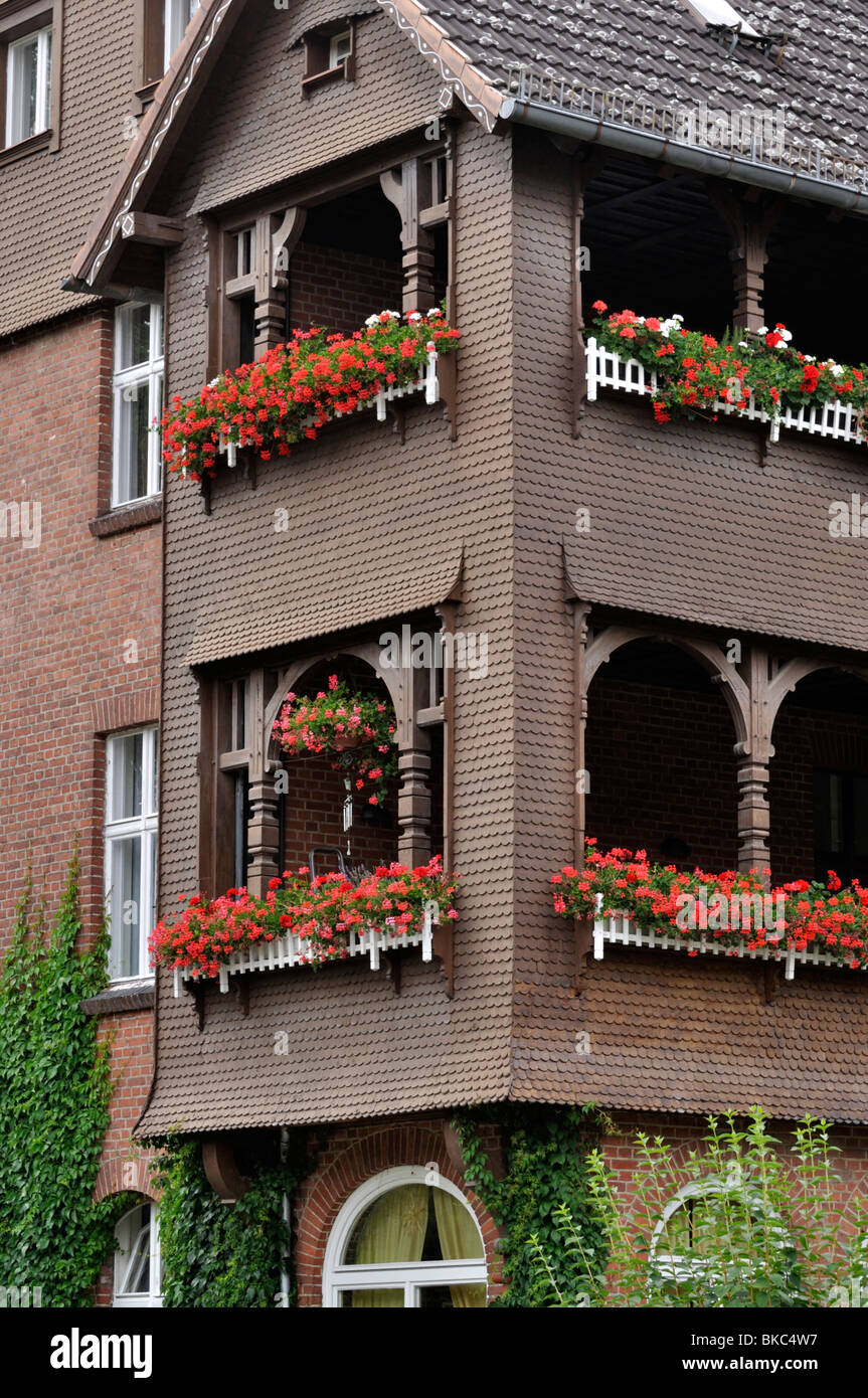 Balcony with geraniums Stock Photo