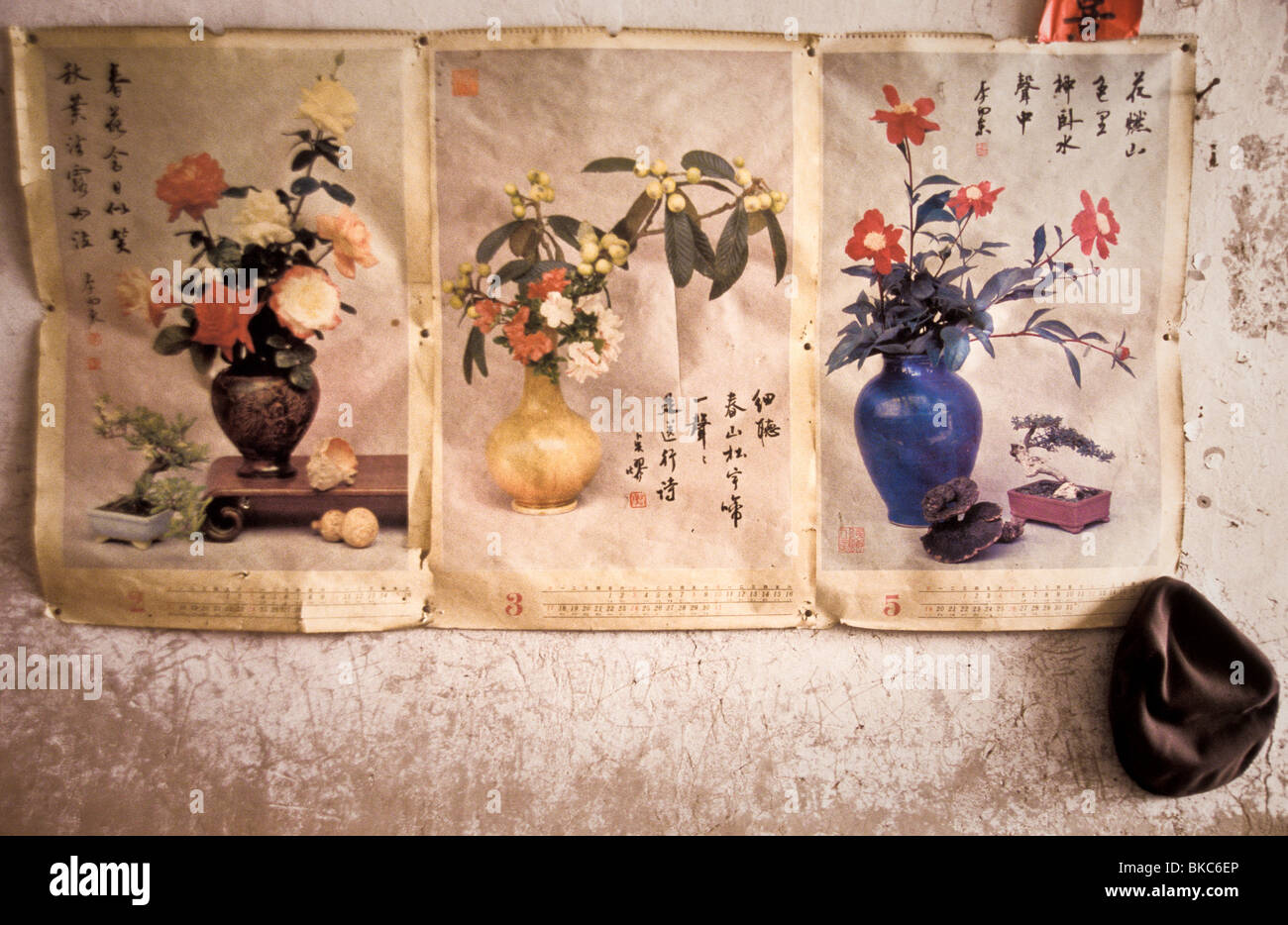 Poster calendar inside a cave dwelling house, Shaanxi province, China Stock Photo