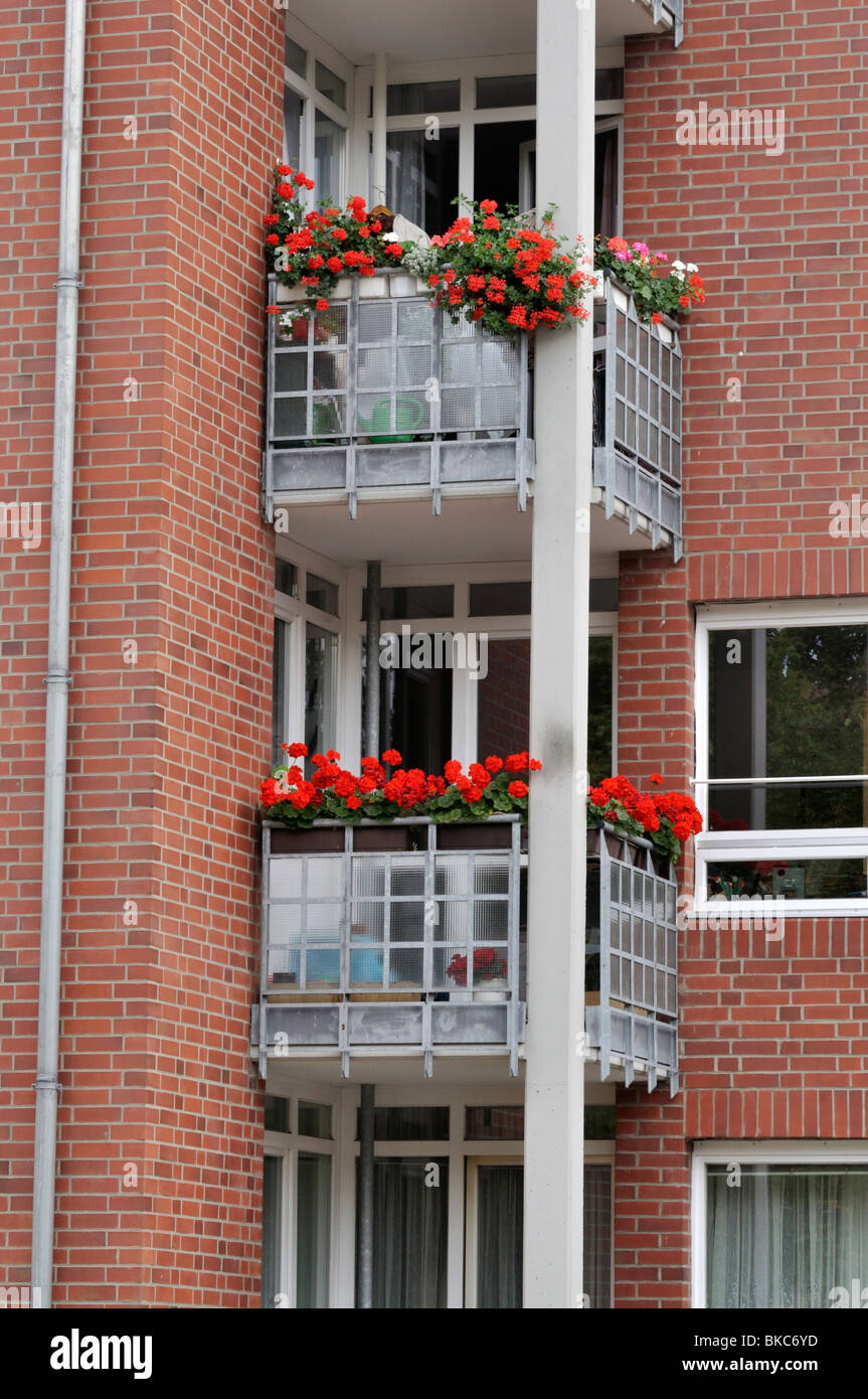 Balconies with geraniums Stock Photo
