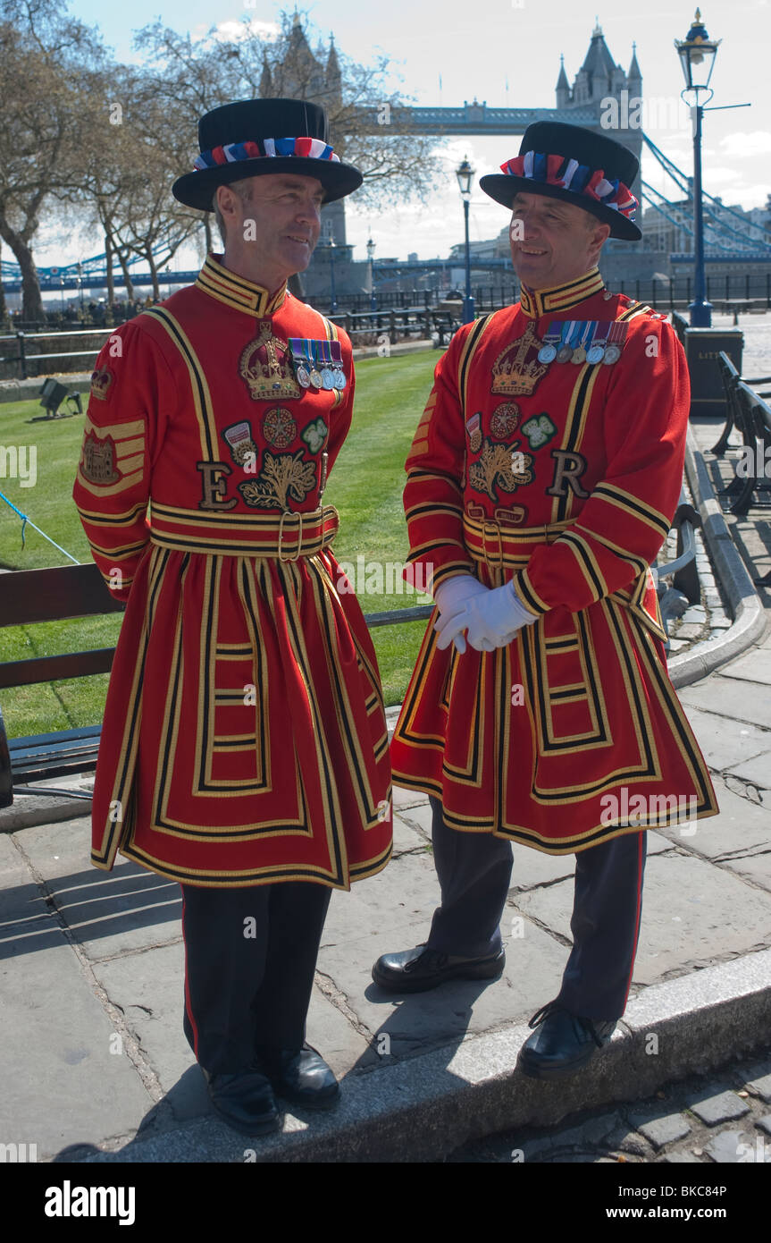 The Yeoman Warders of her Majesty's Royal Palace, The Tower of London, popularly known as Beefeaters. Stock Photo