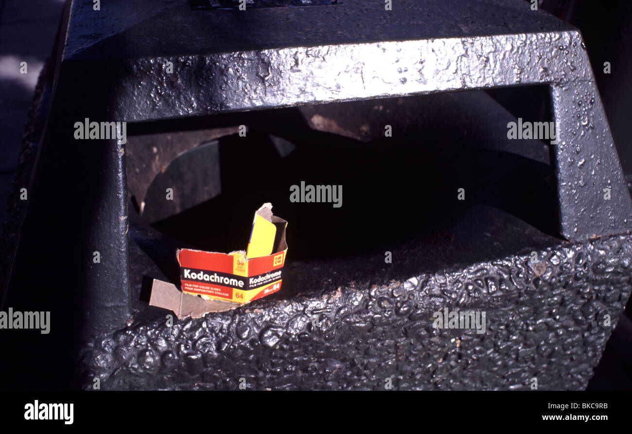 kodachrome 35mm film box, trash can. Stock Photo