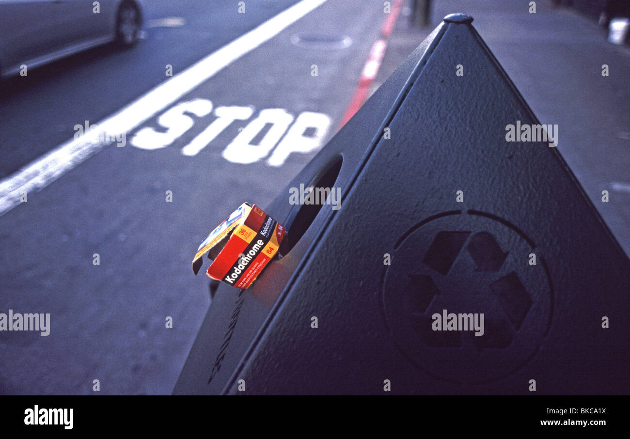 kodachrome 35mm film box, trash can. Stock Photo