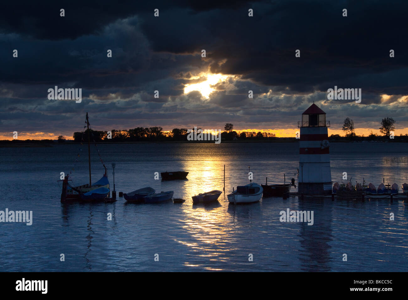 Harbour on the island of Ummanz in evening light. Mecklenburg-Western Pomerania, Germany. Stock Photo