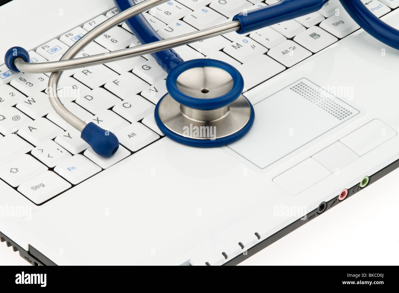 Stethoscope on laptop computer. Security for data on the Internet Stock Photo
