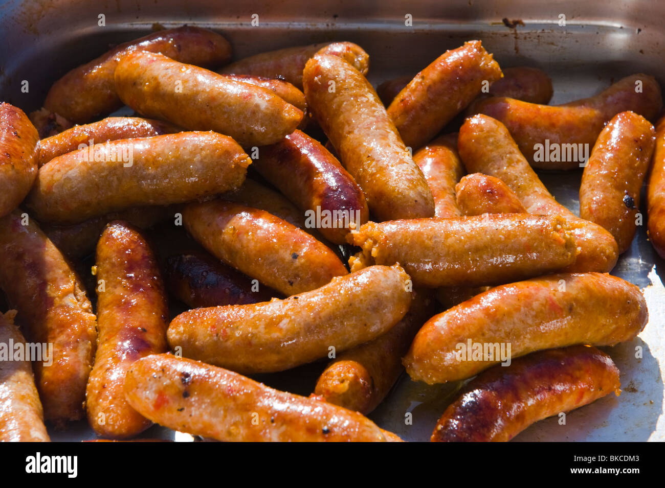Cooked sausages on the Sausage trail at Ludlow Food Festival Shropshire