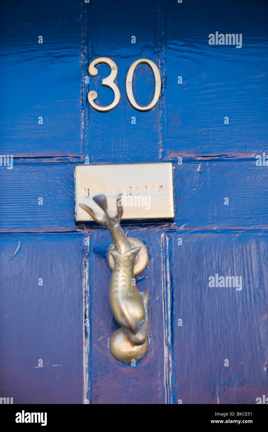 No 30 blue front door of house with knocker Ludlow Shropshire England UK Stock Photo