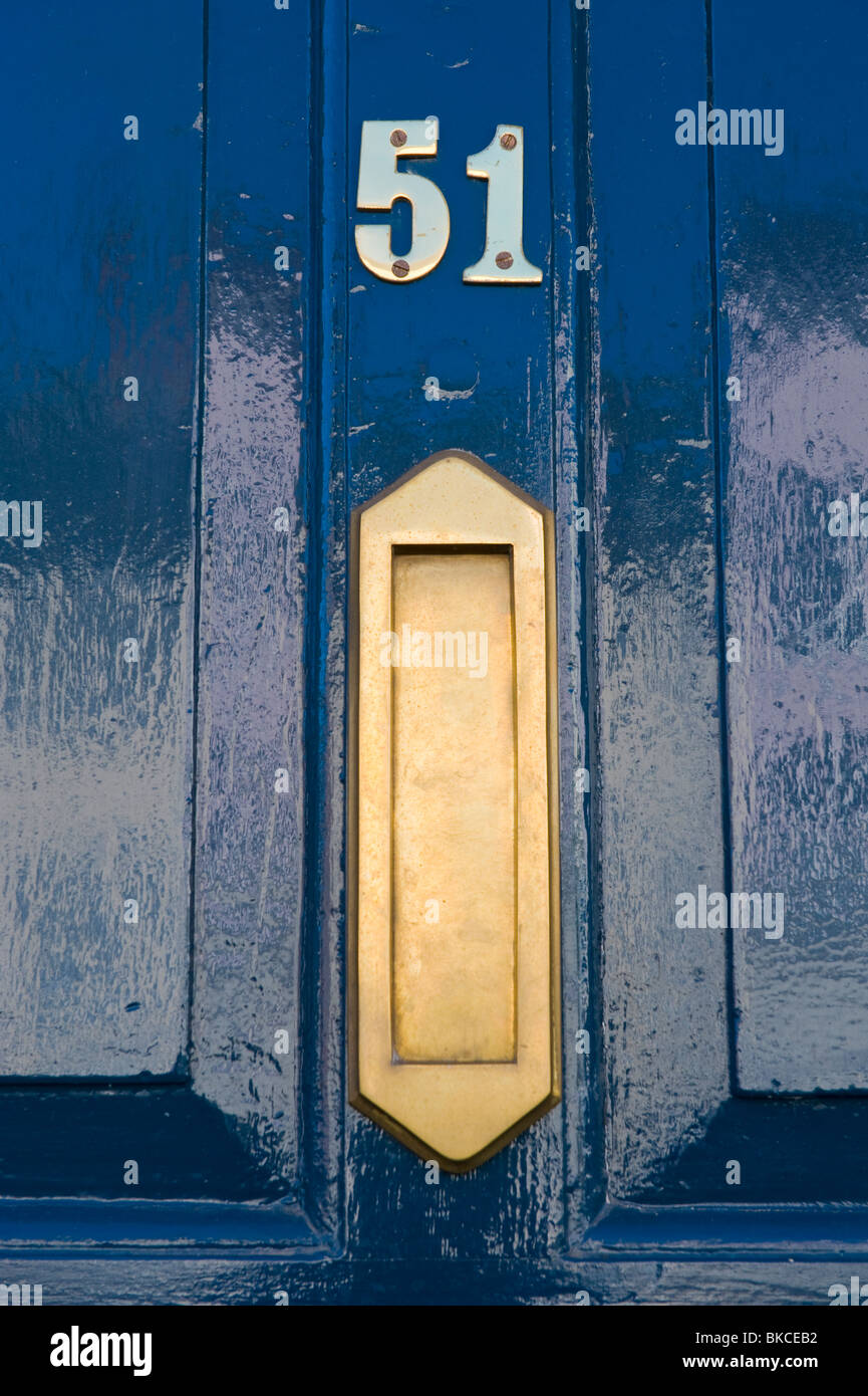 No 51 blue front door of house with brass letter box Ludlow Shropshire England UK Stock Photo