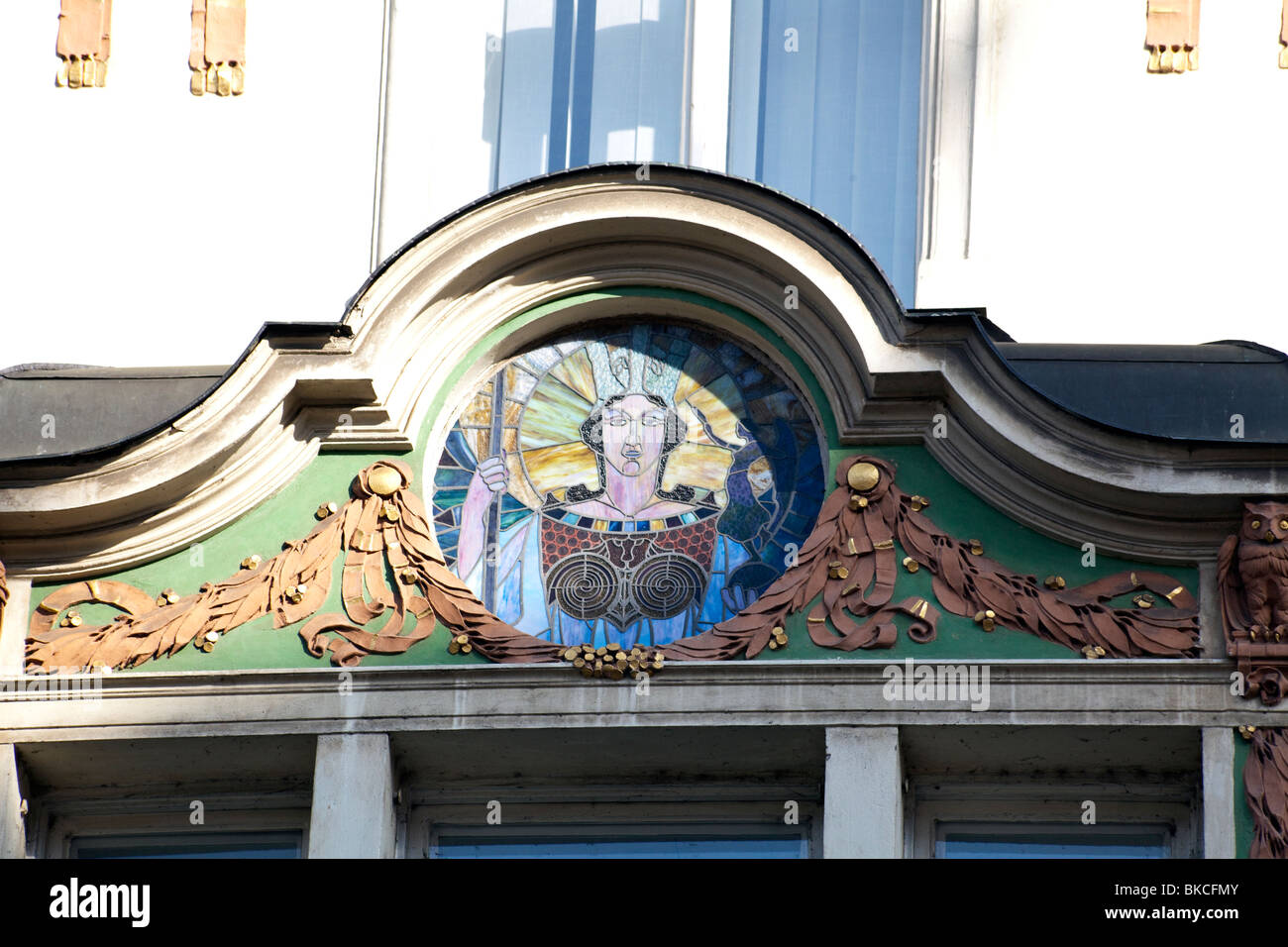 detail of facade of Topic (Topich) printing house, Narodni Trida, Prague, Czech Republic Stock Photo
