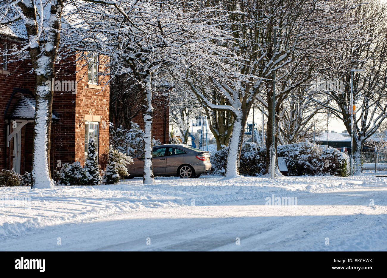 Snow covered lawn and road in a residential street in Hawarden, North
