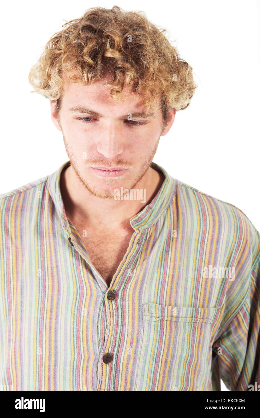 Young blonde adult caucasian man in casual clothes and scruffy beard on a white background. Not Isolated Stock Photo
