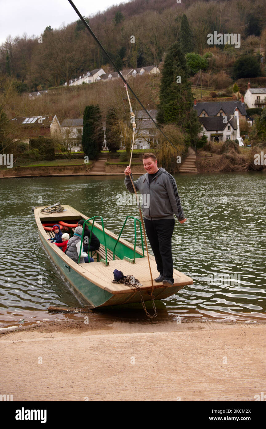 Symonds Yat Rope boat ferry crossing River Wye with passengers Stock