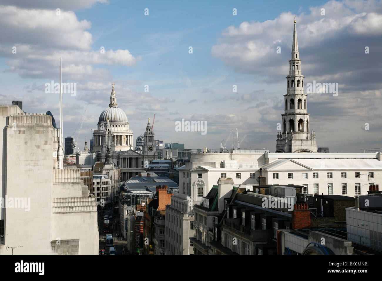 Roofline view of St Paul's Cathedral and St Bride's church, City of London, UK. Taken from Fleet Street. Stock Photo