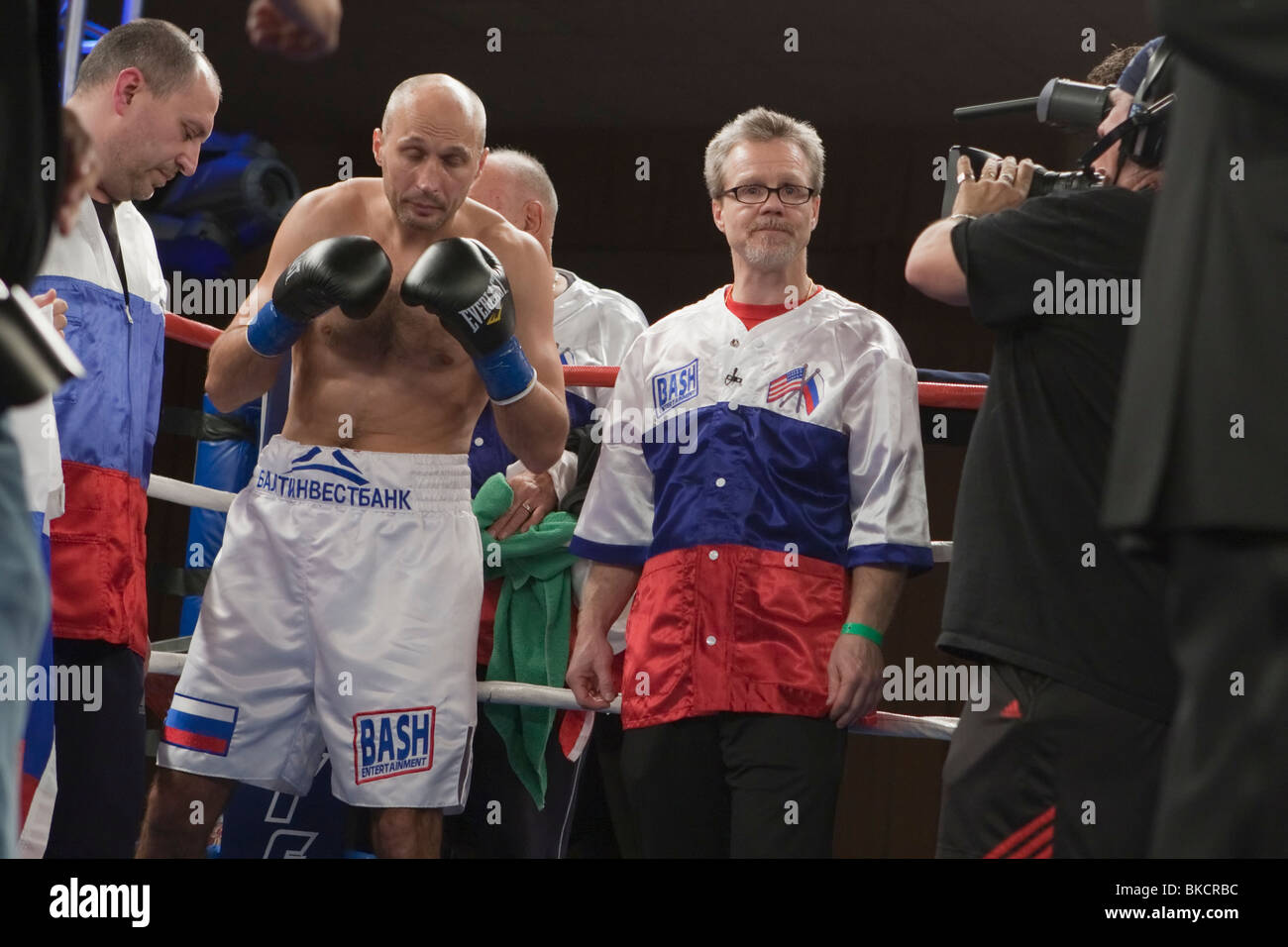 Roman Karmazin and Freddie Roach In Ring before Match with Dionisio, Miranda Stock Photo