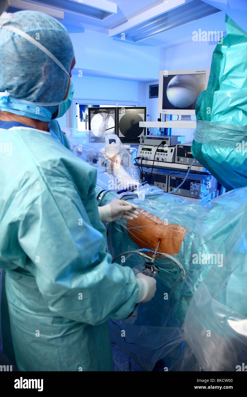 Hospital, surgery operation room, arthroscopic surgery of a hip. Stock Photo