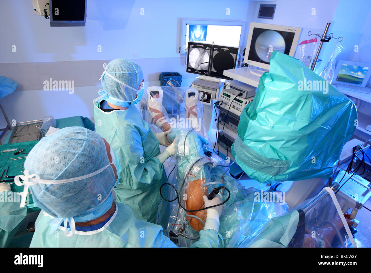 Hospital, surgery operation room, arthroscopic surgery of a hip. Stock Photo