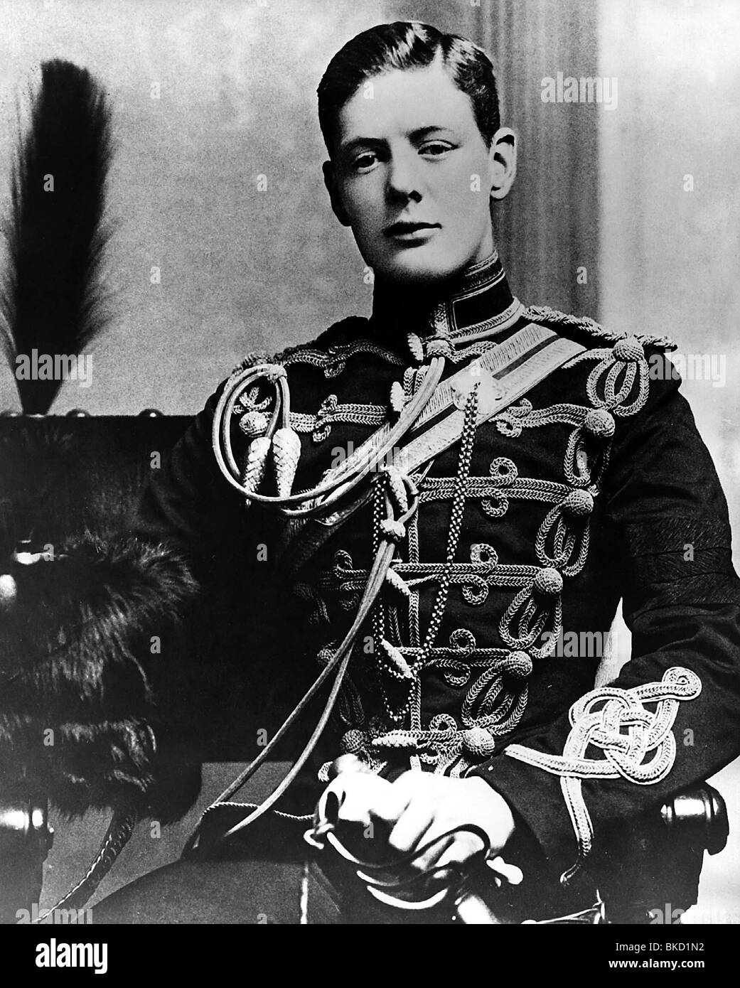 Churchill, Sir Winston, 30.11.1874 - 24.1.1965, British politician, half length, aged 21 years, wearing Hussar uniform, 1895, Stock Photo