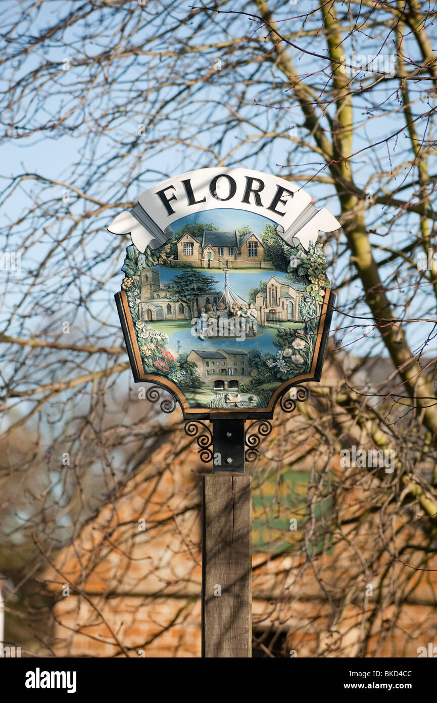 Flore Village Sign Northamptonshire UK Stock Photo