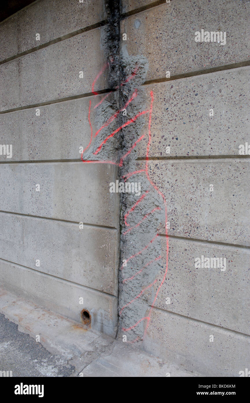Concrete crumbling under a road bridge in Widnes, Merseyside, England