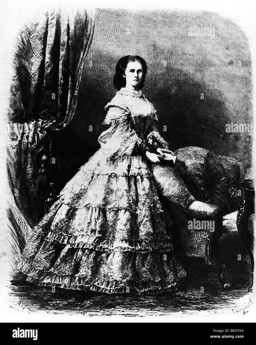 Elisabeth Amalie of Bavaria, 24.12.1837 - 10.9.1898, Empress consort of Austria since 24.4.1854, Queen consort of Hungary, called 'Sisi', full length, wood engraving, by W. Aurland, Stock Photo