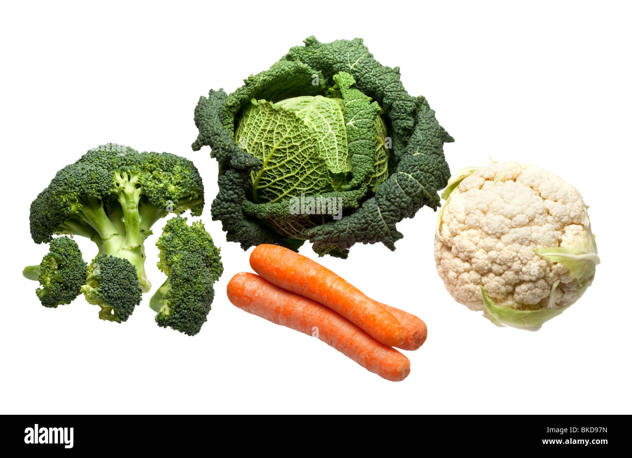 Selection of vegetables on white broccoli cabbage cauliflower and