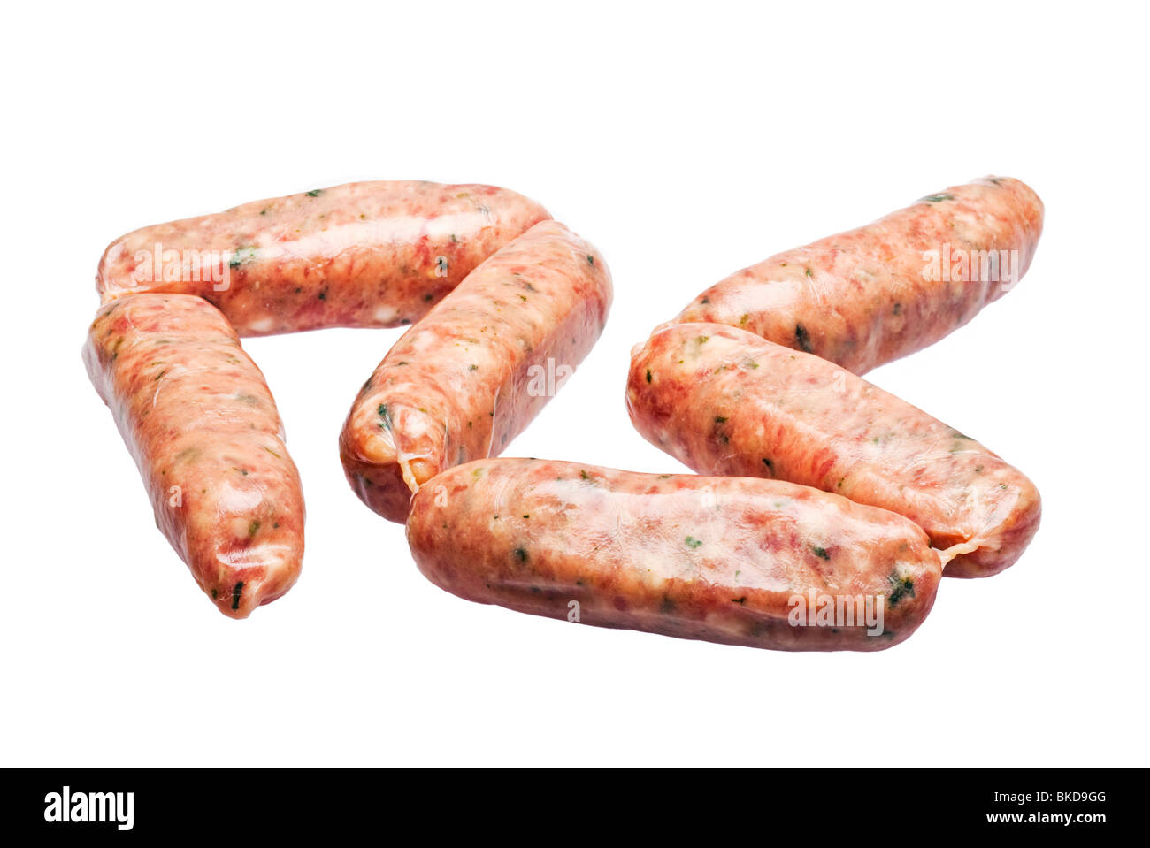 Pork and herb sausages on white Stock Photo