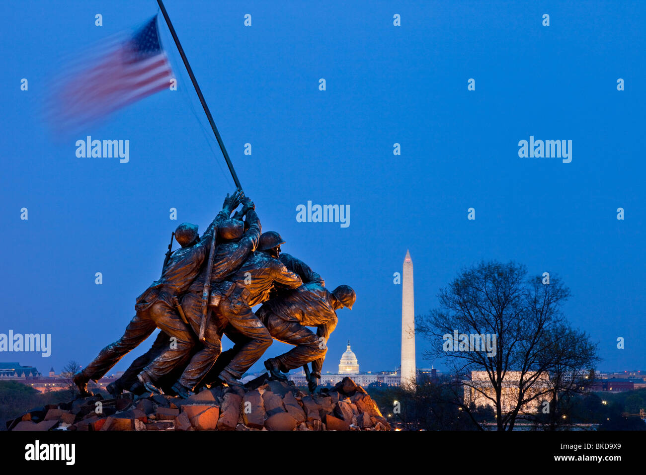 Iwo Jima Marines Memorial at twilight near Arlington National Cemetery, Arlington Virginia USA Stock Photo