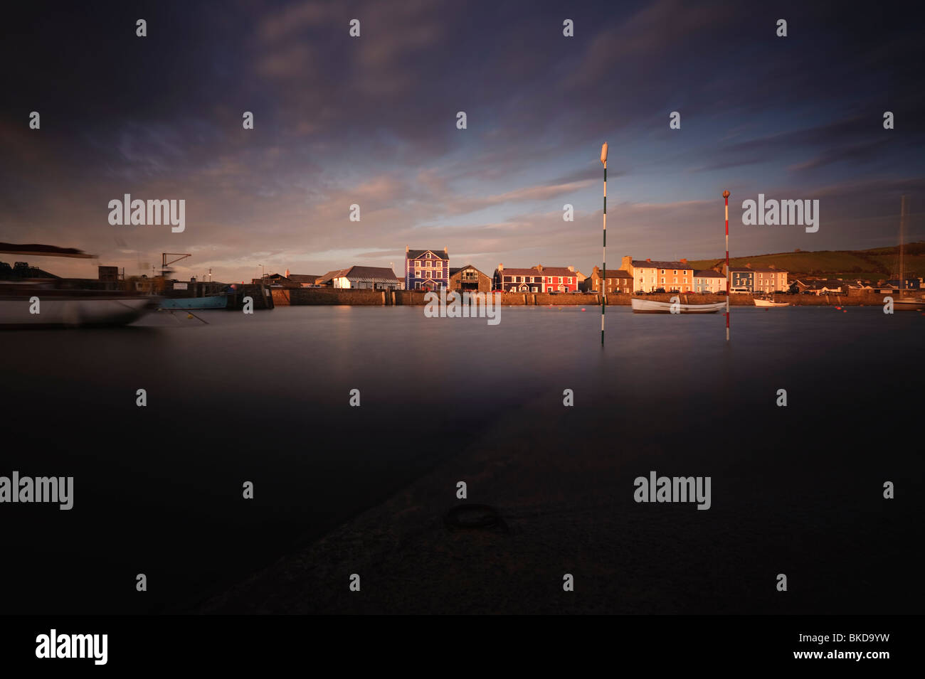 Evening twilight, Aberaeron harbour, Harbourmaster Hotel, quay Ceredigion, Wales UK Stock Photo