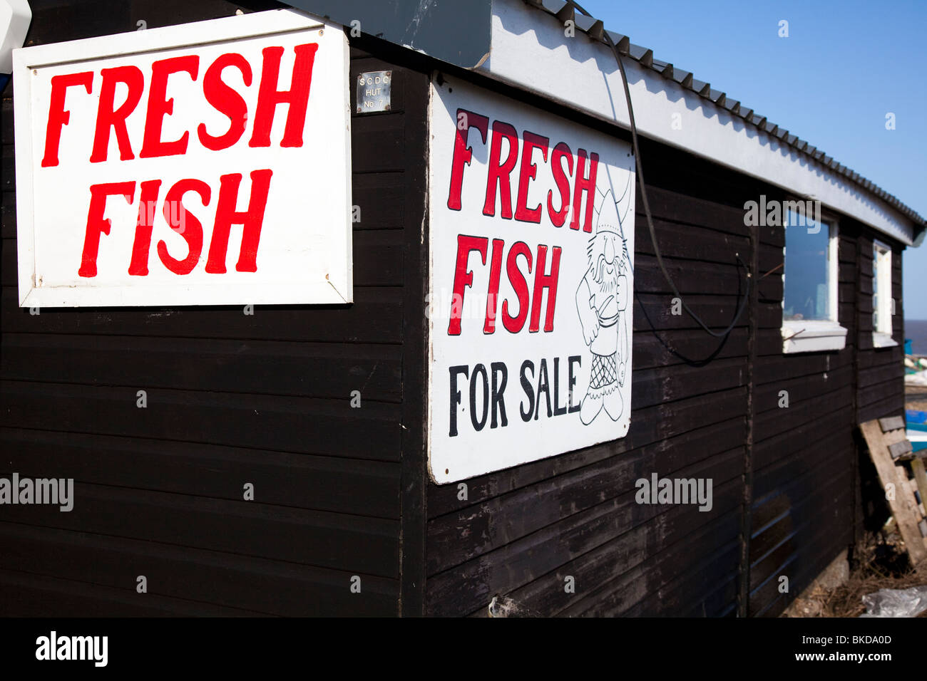 Signs, Fresh Fish, fish retailers hut on beach at Aldeburgh, Suffolk