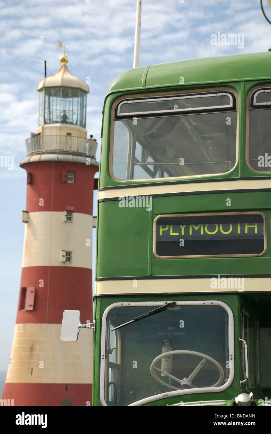 A Western National Bristol Lodekka bus and Smeaton's Tower, The Hoe, Plymouth, Devon, UK Stock Photo