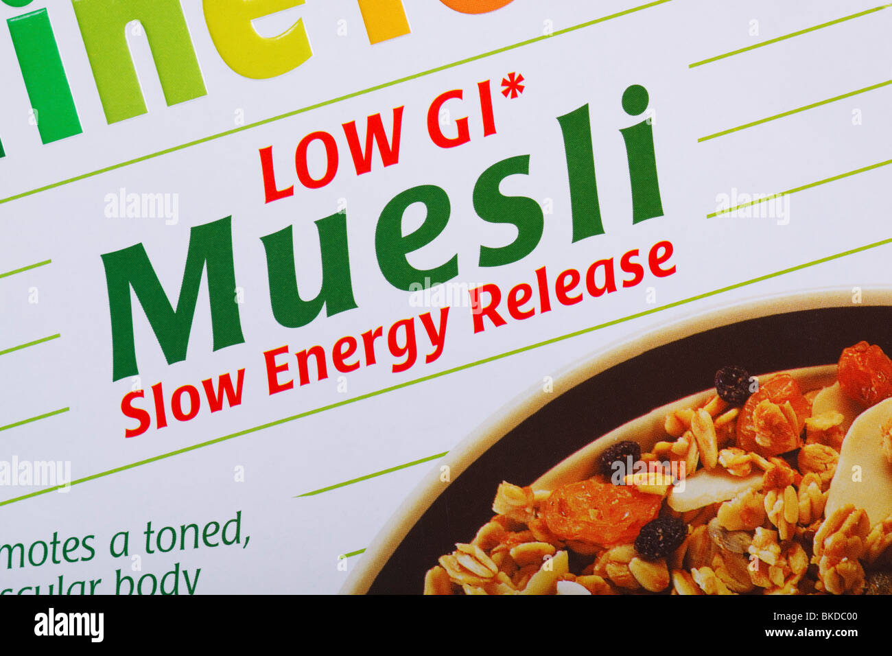 Box of muesli advertised as having a low glycemic index. Stock Photo