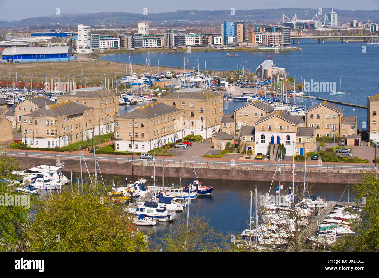 View over marina and waterfront housing development in Penarth Vale of Glamorgan South Wales UK Stock Photo