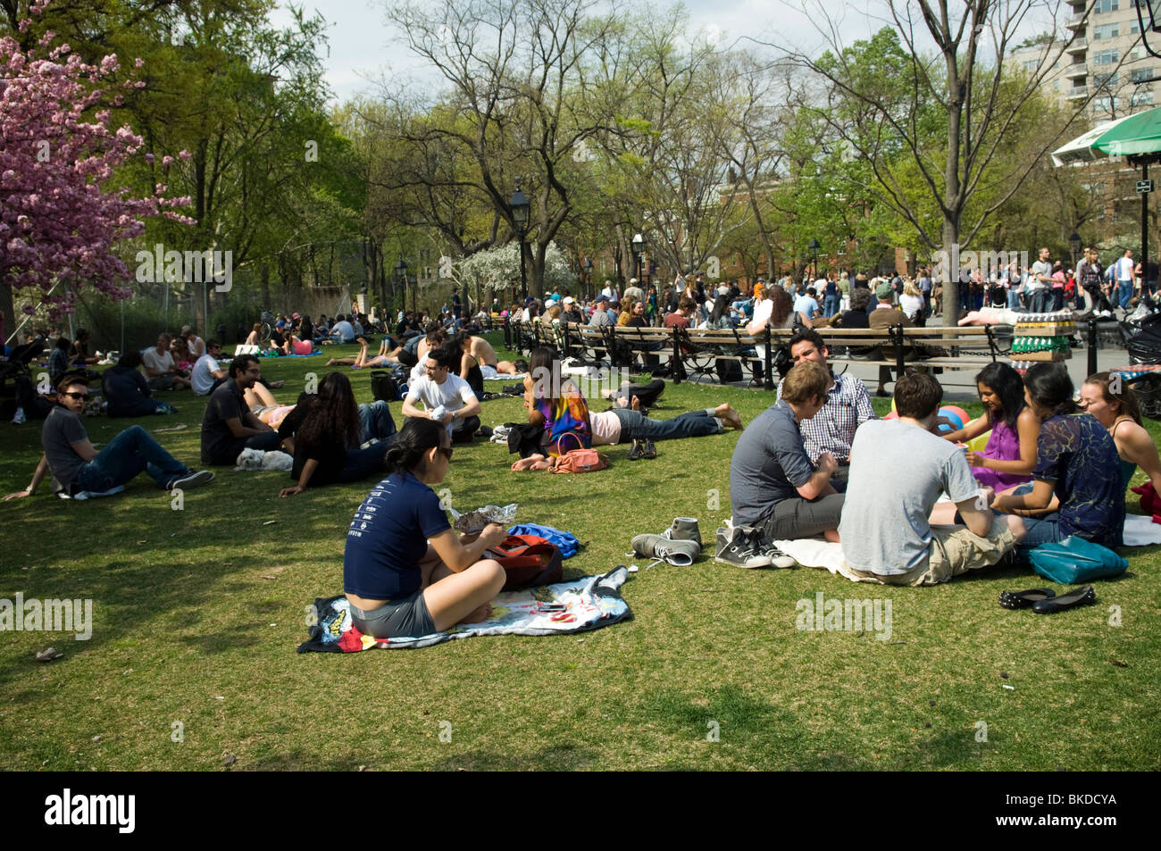 New Yorkers and visitors take advantage of the warm spring weather on a lawn in Washington Square Park in New York Stock Photo