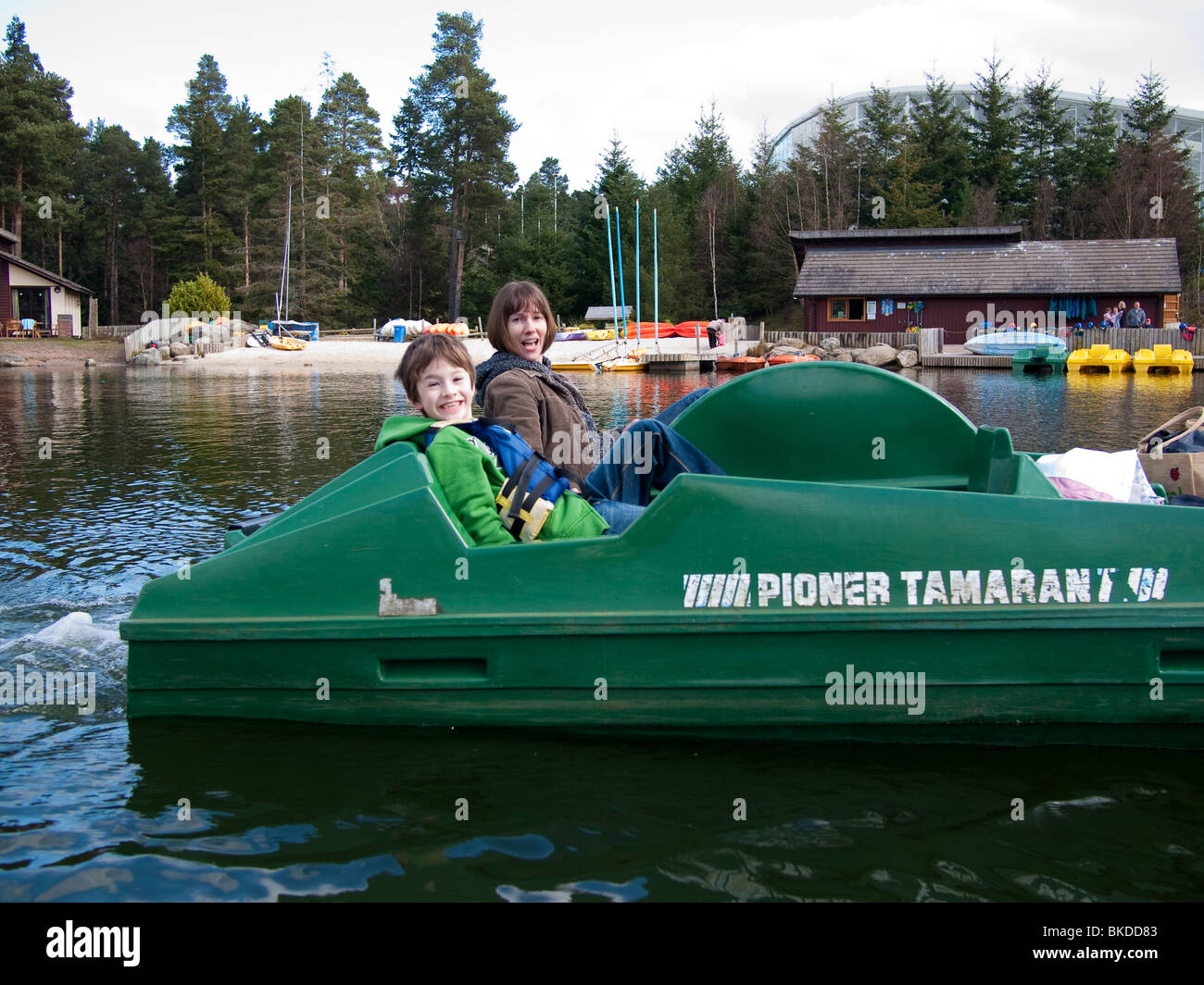 Mother and Son on a Pedalo, Centre Parcs, UK Stock Photo