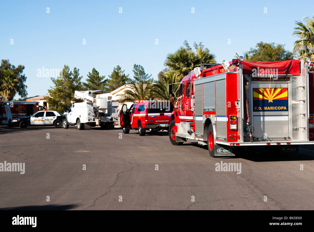 firefighters respond to a house fire in a residential area Stock Photo ...