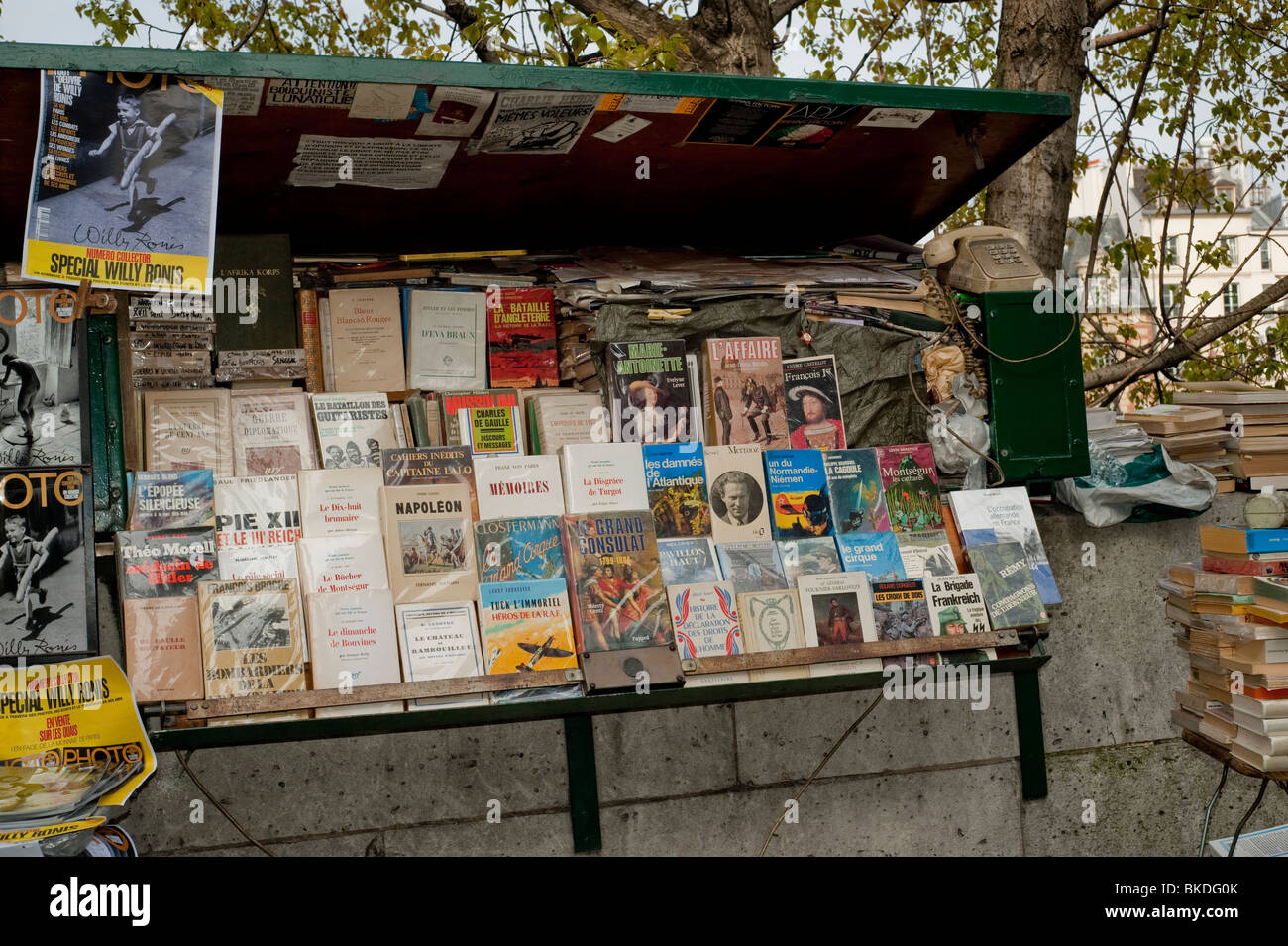 Old Books on Sale Outside Sidewalk Market, Paris, France, Seine River Quay, Bouquinistes, Antique Book Sellers Stock Photo