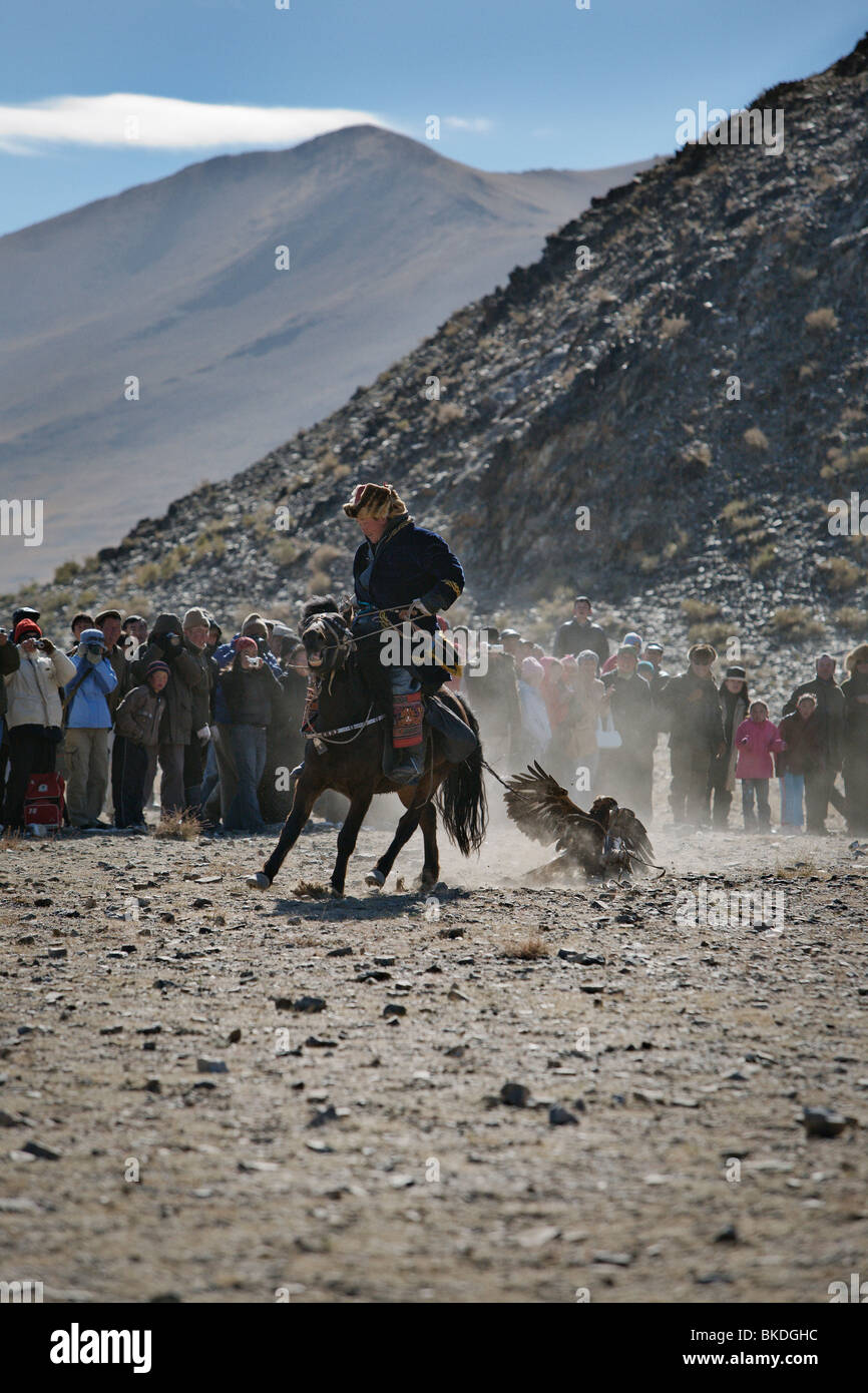 Competition for trained hunting eagles at Golden Eagle festival in