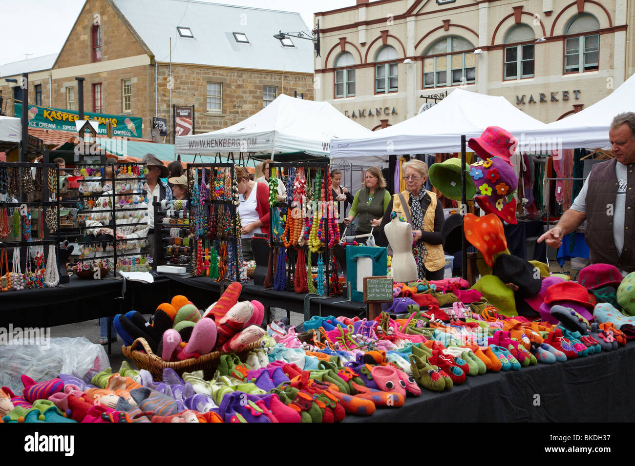 Slipper and Hat Stall, Saturday Market, Salamanca Place, Hobart, Tasmania, Australia Stock Photo