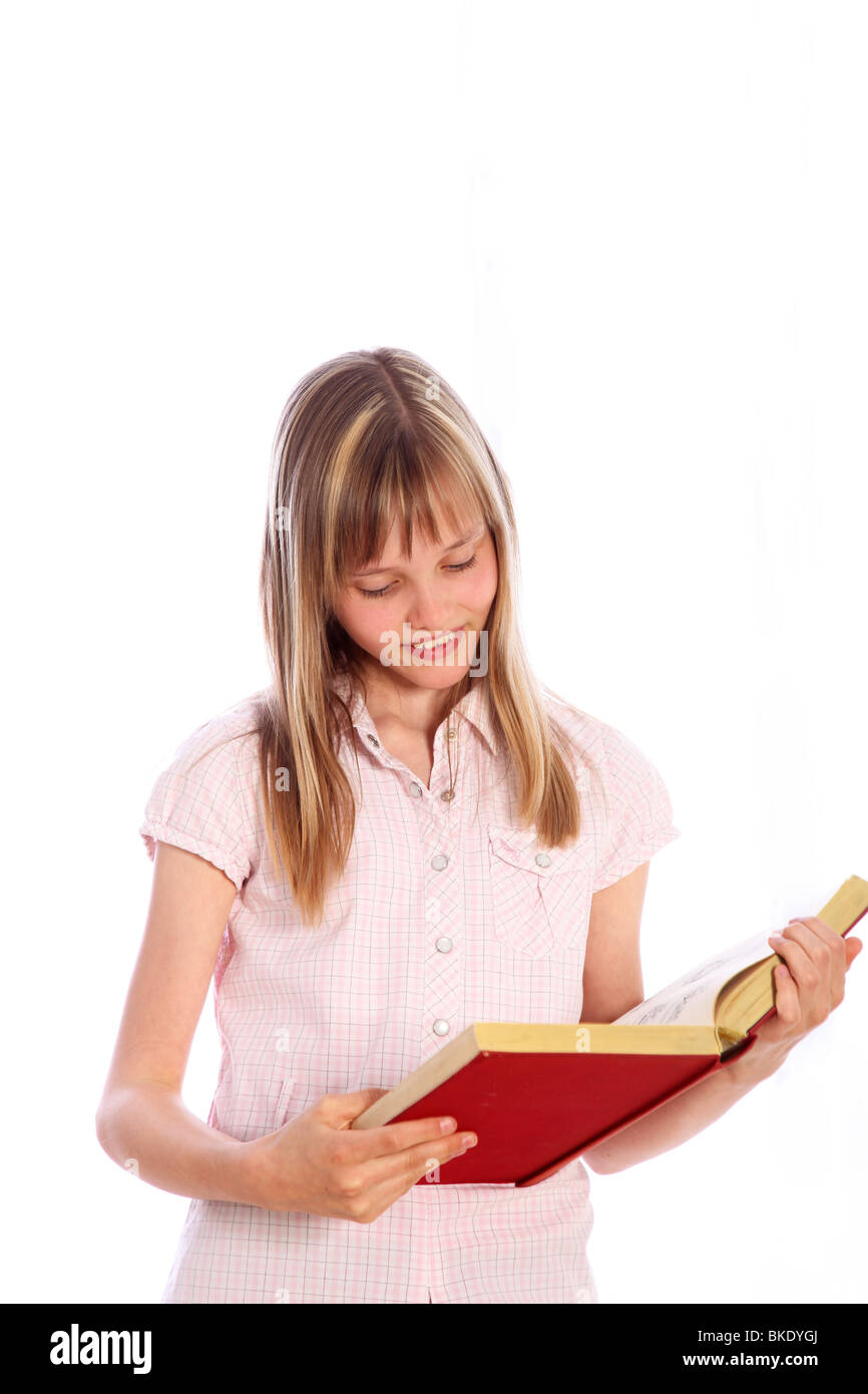 Blond girl with a red book - white background Stock Photo - Alamy