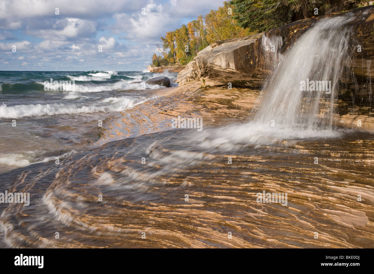 Waterfall flowing into Lake Superior Picture Rocks National Park Upper Peninsular Michigan, USA LA004947 Stock Photo