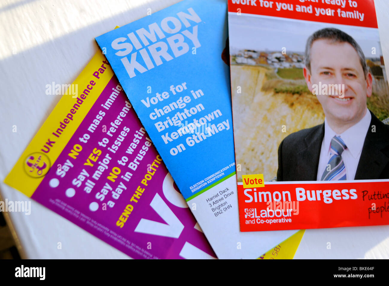 British General Election 2010 leaflets for Labour Conservative and UKIP UK political parties Stock Photo