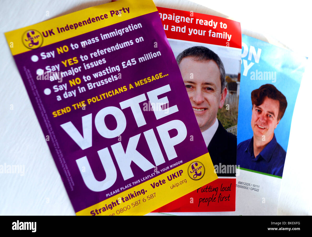 British General Election 2010 leaflets for Labour Conservative and UKIP UK political parties Stock Photo