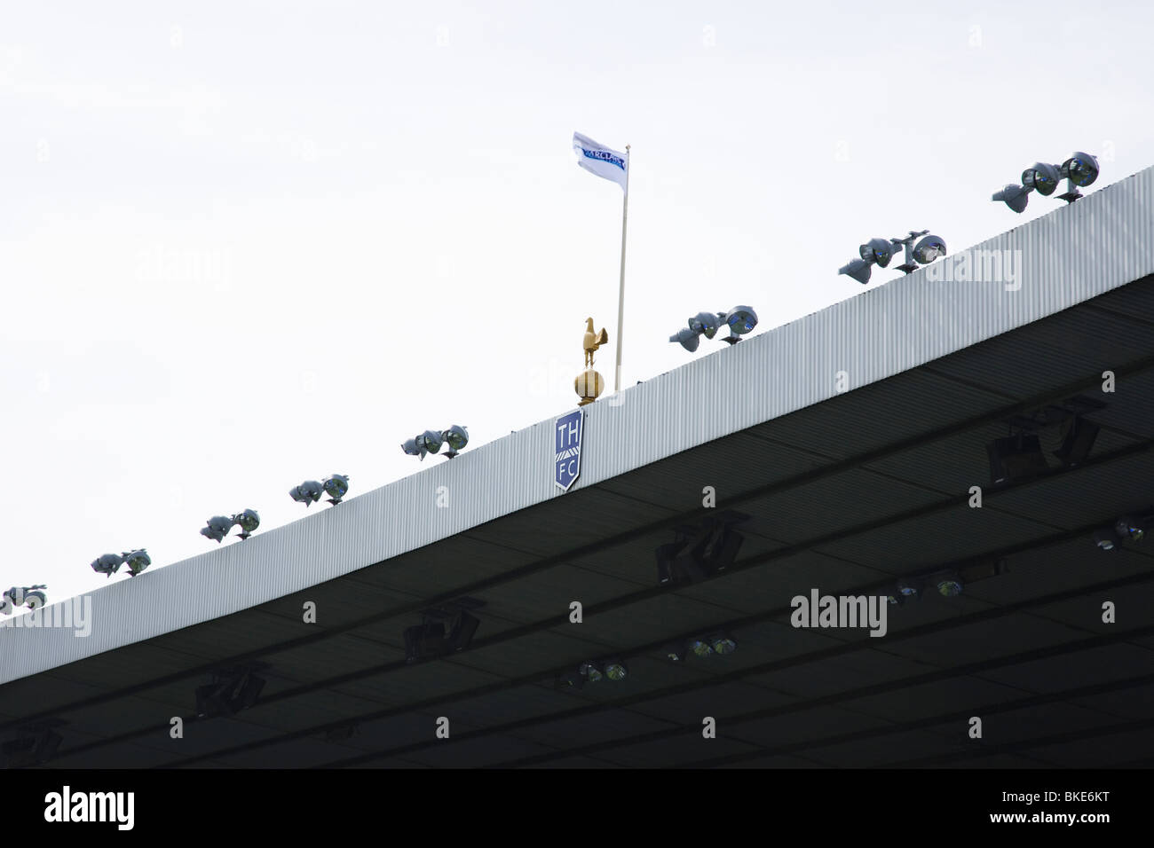 Tottenham hotspurs football stadium famous west stand with gold Gamecock logo on the stands roof Stock Photo