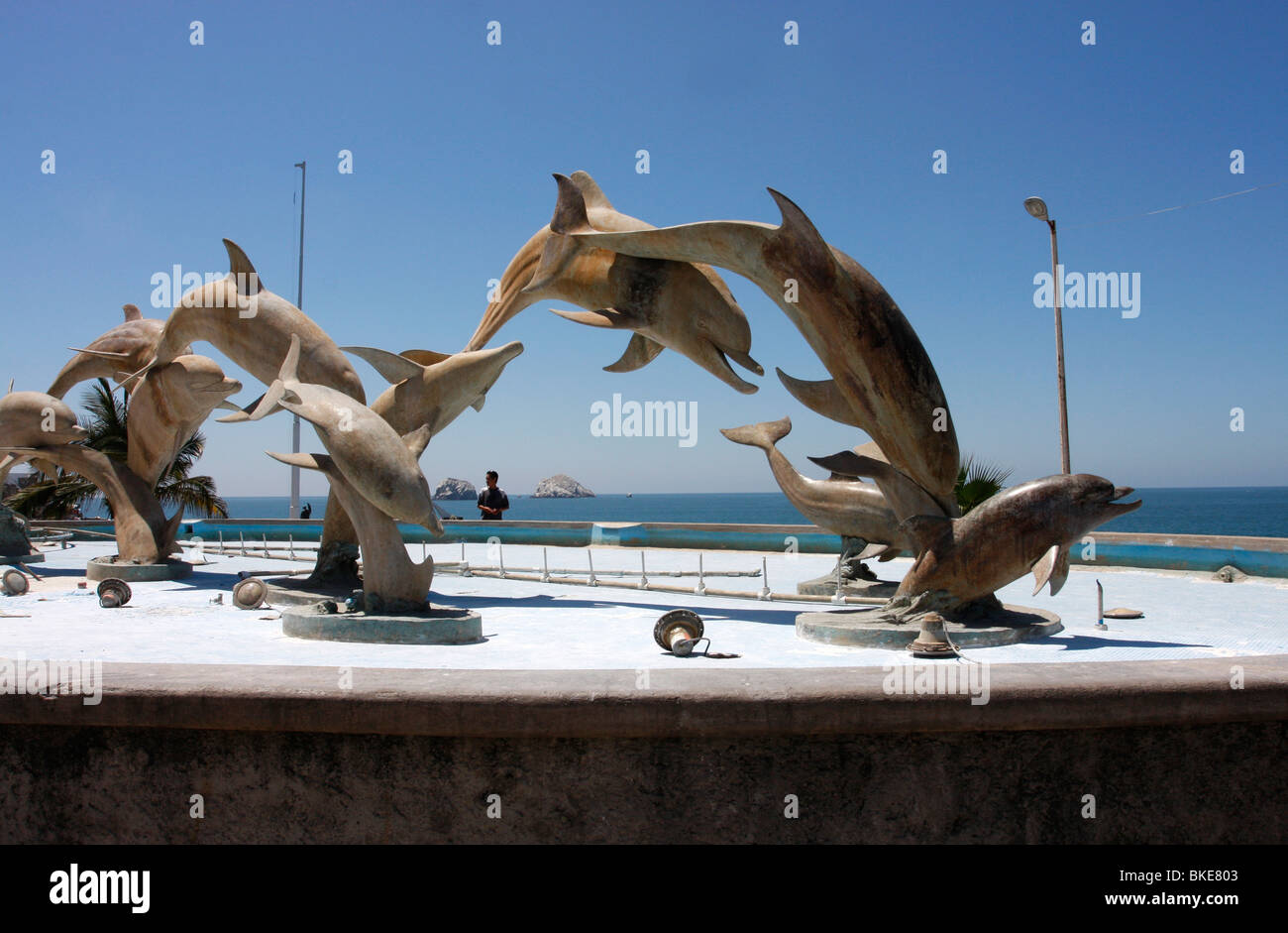 Beautiful dolphin fountain on the waterfront  at Mazatlan,Sinaloa,Mexico Stock Photo
