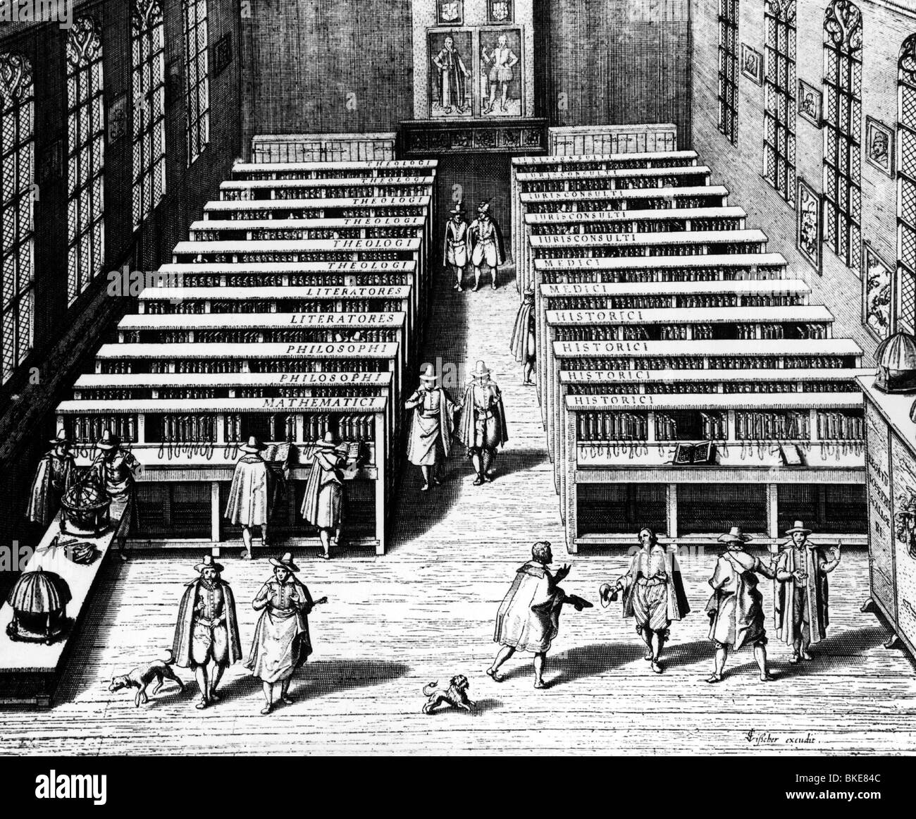 education, university, Leiden, library, copper engraving, circa 17th century, historic, historical, students, bookshelf, bookshelves, book shelf, shelves, books, Leyden, historic, historical, people, Stock Photo