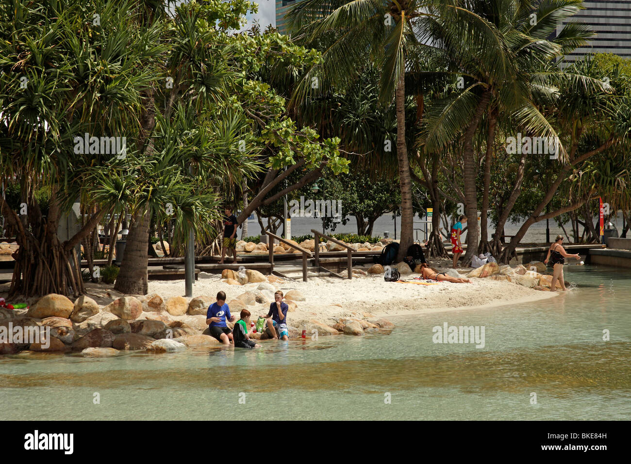 manmade beach and pool Streets Beach on South Bank in Brisbane, Queensland, Australia Stock manmade beach and pool Streets Beach on South Bank in Brisbane, Queensland, Australia Stock