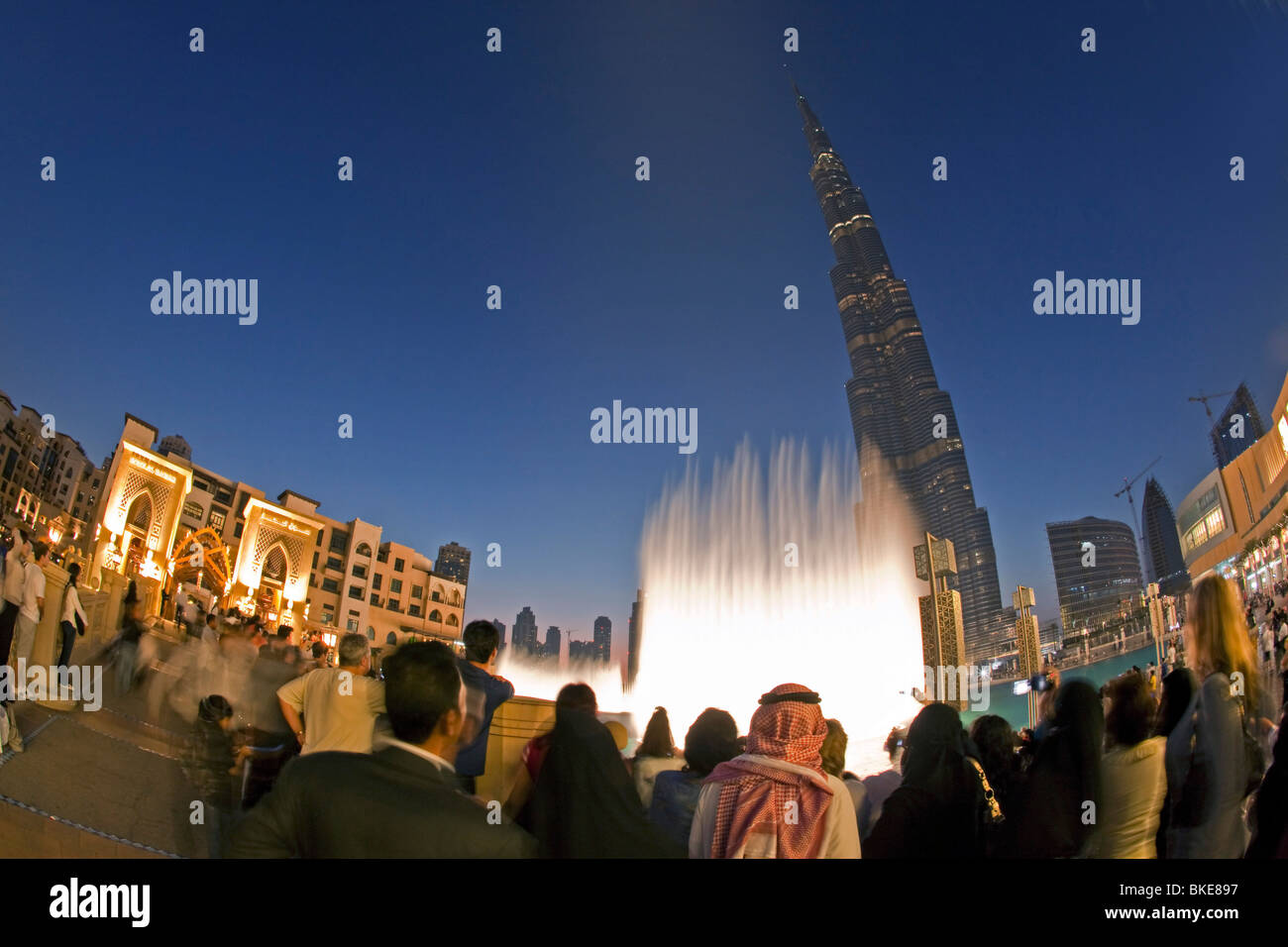 Duabai Fountain at Burj Khalifa, highest Skycraper in the World, 828 meter, Burj Dubai, Dubai United Arab Emirates Stock Photo