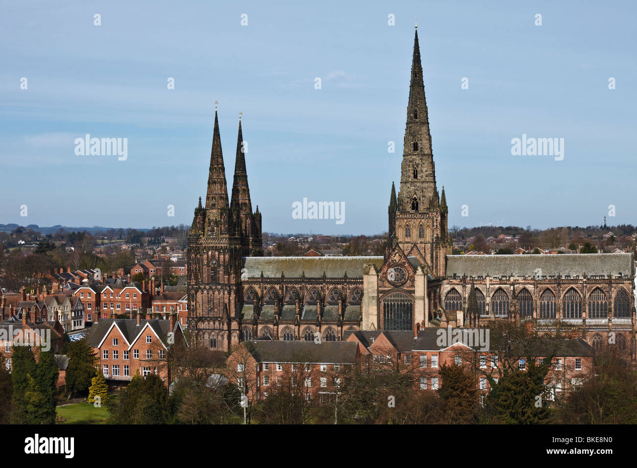 Lichfield Cathedral seen from the spire of Lichfield Heritage Centre, Staffordshire. Stock Photo