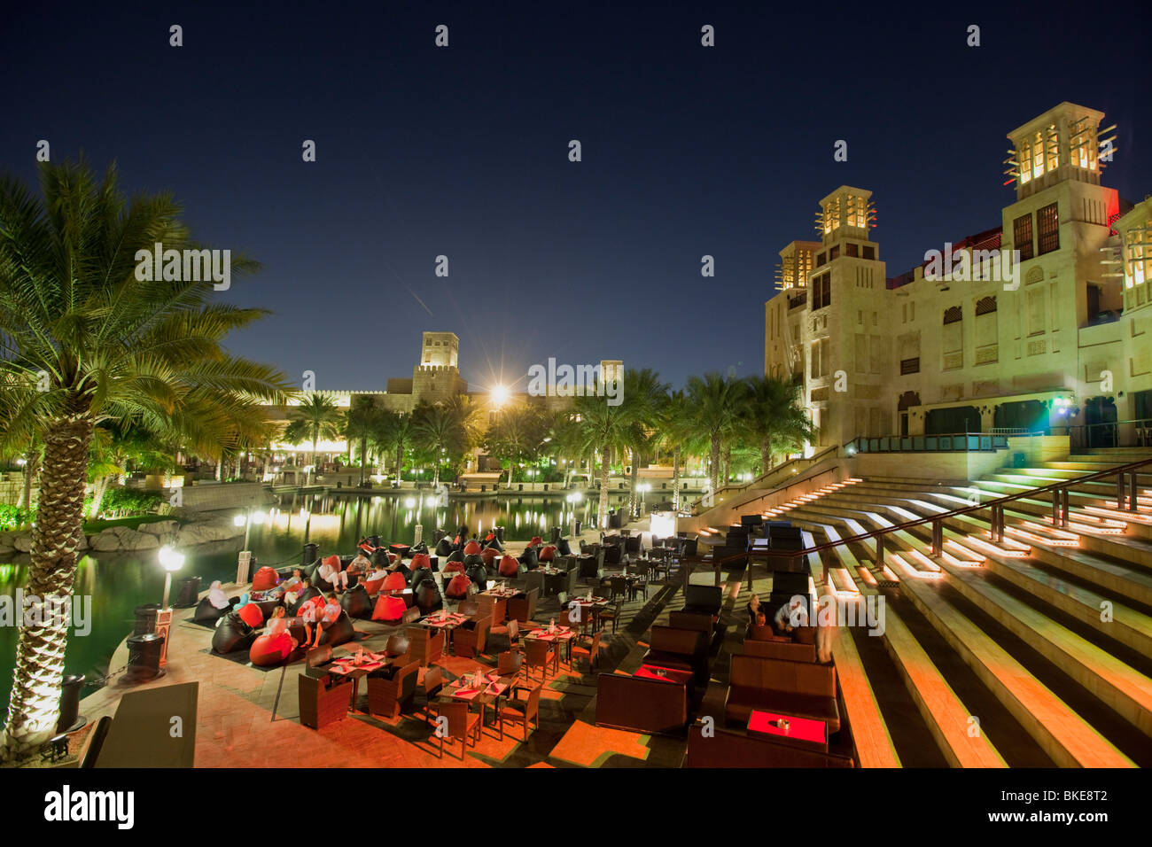 Medinat Jumeirah in the evening , Restaurants Stock Photo