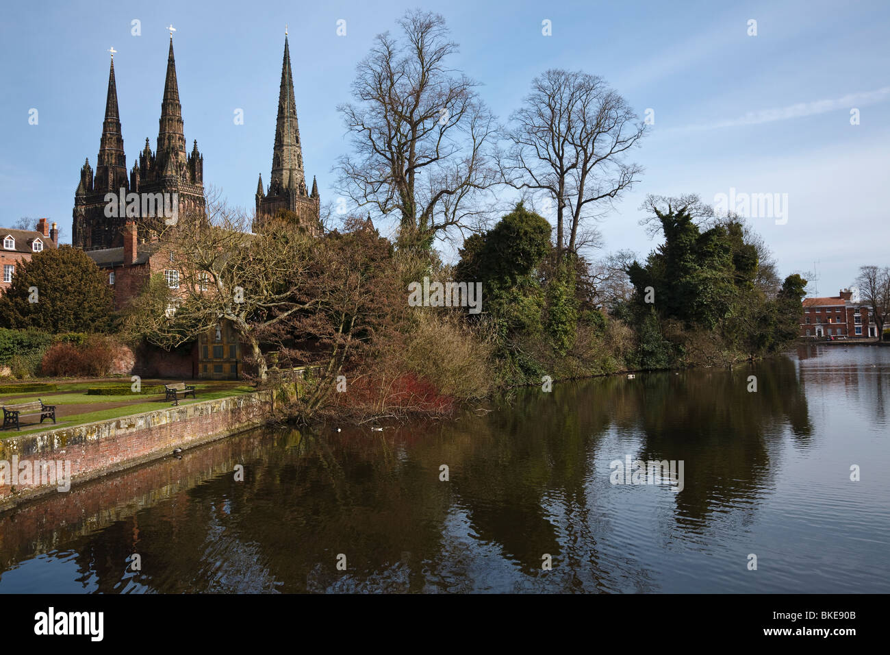 Looking across Minster Pool and the Memorial Gardens to Lichfield Cathedral, Staffordshire. Stock Photo