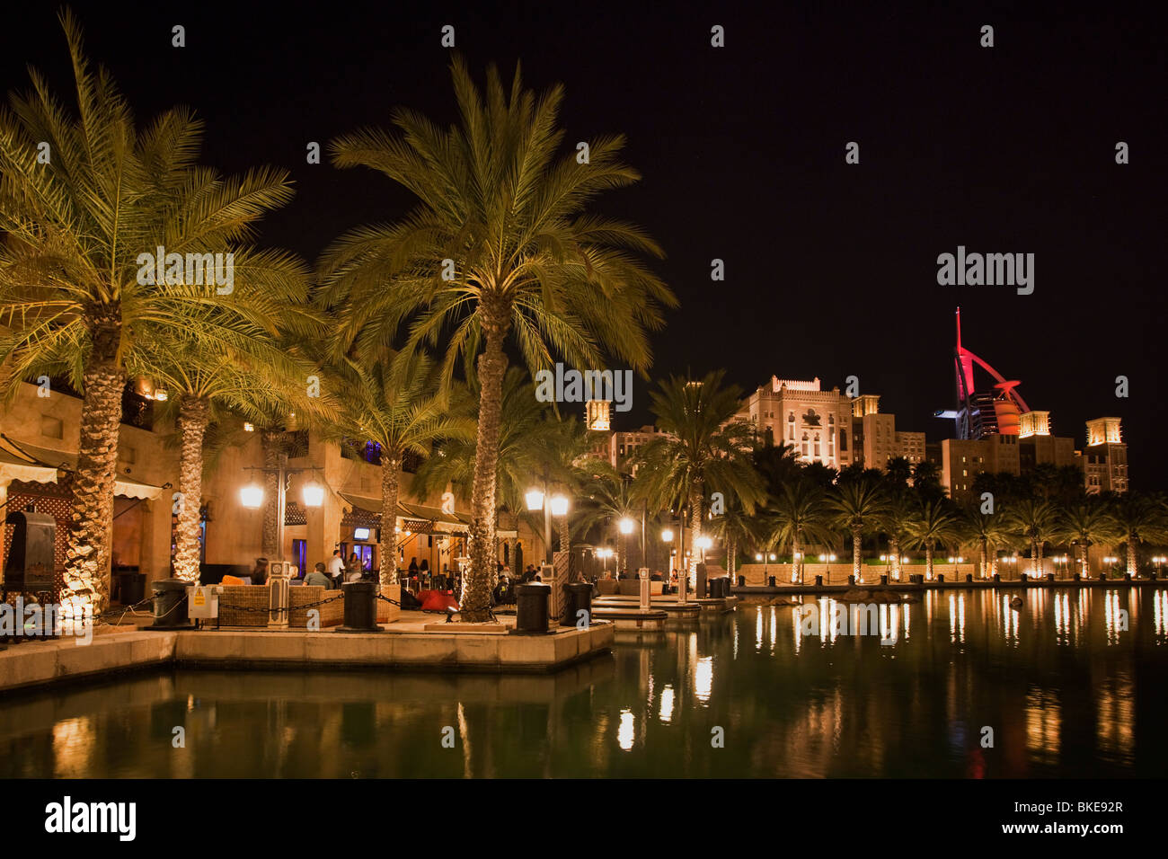 Medinat Jumeirah in the evening, canal, illumination, bars, restaurants, Dubai, United Arab Emirates Stock Photo